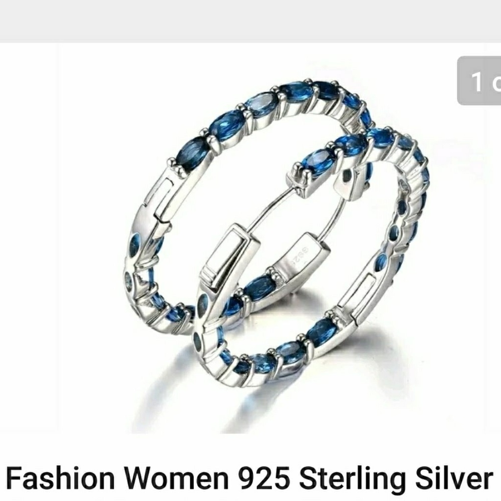 🎀Clearance🎀 .925 silver sapphire hoops. Double sided In-out Stones - Picture 9 of 9